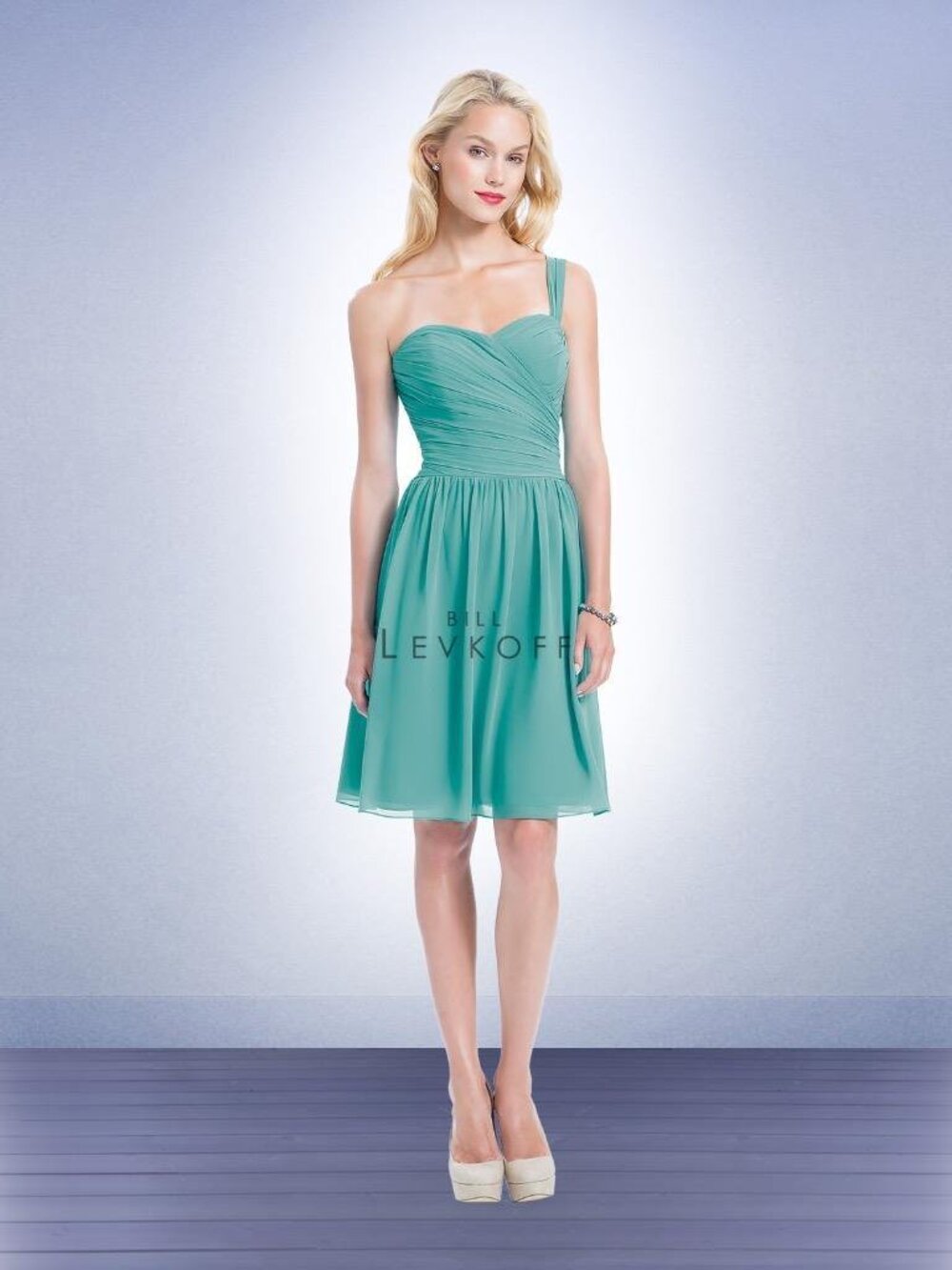 Bill Levkoff 1153 Bridesmaid Dress Glacier Blue One Shoulder Chiffon Short 14